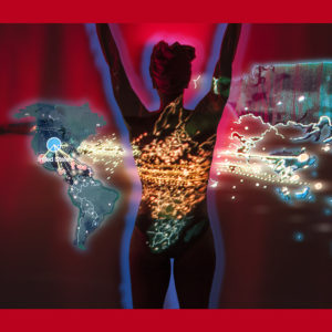 Fine Art Photography by PVR (Pamela Vasquez Rodriguez). “Atardecer Lindsay” is a piece from the Invisible Borders-Lines collection. A black woman’s back with her arms open up, a map of the world projected over her in red background.