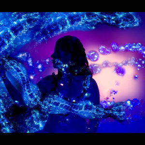 Fine Art Photography by PVR (Pamela Vasquez Rodriguez). “Same Origin Leticia” is a piece from the Invisible Borders-Lines collection. A Latino woman with her hand pointing up. A water image of DNA is projected over her on a blue-red background.